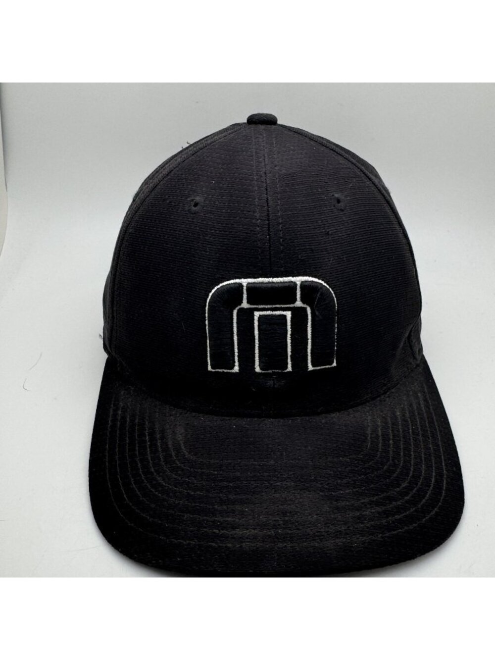 TravisMathew Baseball Cap Hat Flexfit L-XL Black Fitted White Logo Embroidered